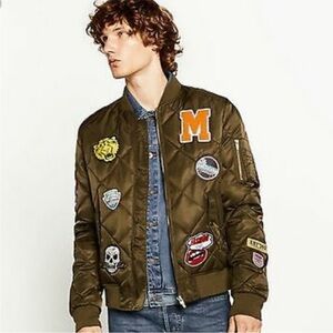 Zara Man Quilted Bomber Patch Jacket Army Green Large